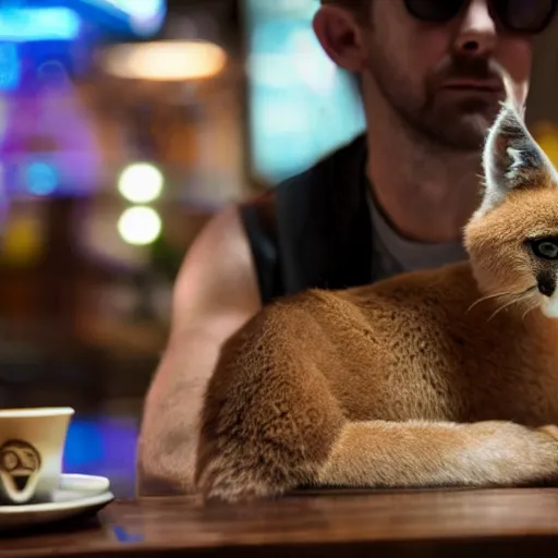 Prompt: Ryan Gosling holding cute caracal in a cafe in a cyberpunk city, close up shot, sharp focus, shallow depth of field, highly detailed face, 8k, unreal engine 5, cinematic lighting, vivid elegant fantasy concept art, character art, stern blue neon atmosphere, artstation, deep complimentary colors, volumetric lighting, photorealistic, hyperdetailed 3D matte painting, hyperrealism, hyperrealistic masterpiece