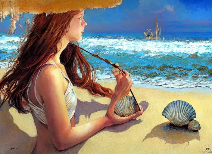 Prompt: she sells sea shells by the sea shore; painting by Jon foster.