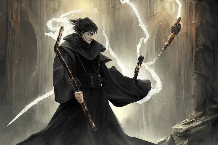 Image similar to the magician with a black robe blast a thunder spell with his staff inside a shopping center, artstation