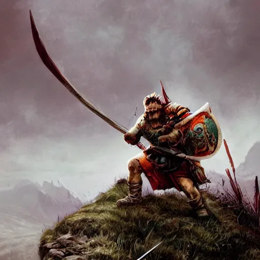 Image similar to lonely ork warrior struck by an arrow in the shoulder, bleeding, tired, desolated mountains in the distance, cloudy and atmospheric with a touch of sunlight coming through, realistic, tolkien world