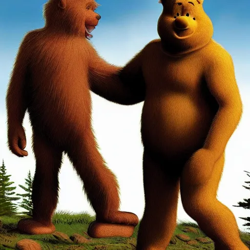 Prompt: photo of bigfoot sasquatch that looks like Winnie the Pooh