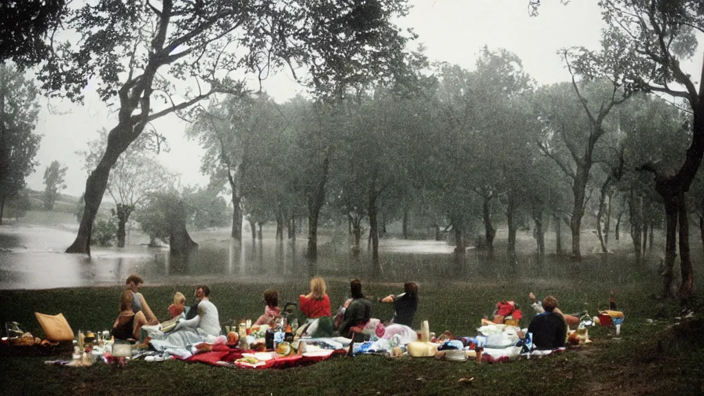 Prompt: climate change catastrophe, storms, floods, torrential rain, lightning, as seen by a couple having picnic in the park, 35mm