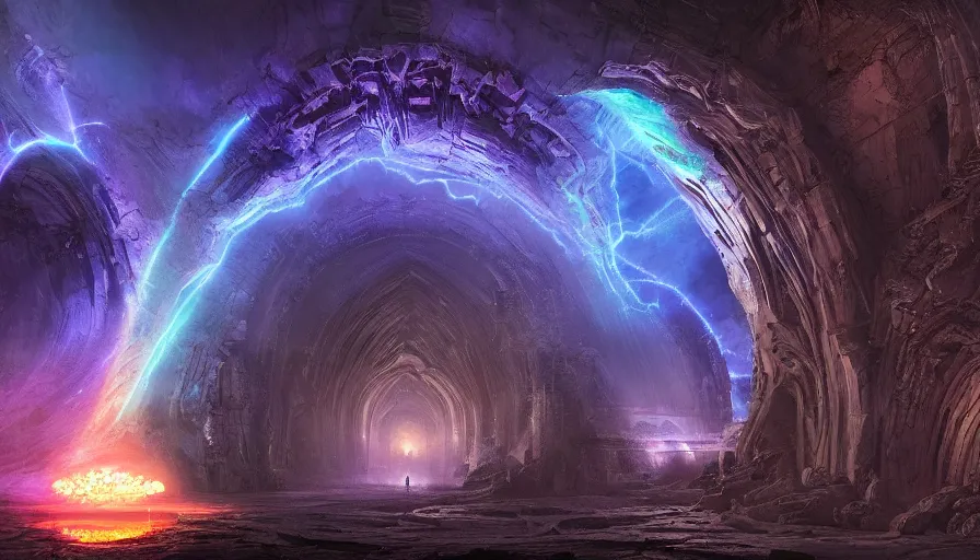 Prompt: beautiful detailed digital matte painting of a massive stone arched glowing electric nebula magic-lined portal, by Gal Barkan and Greg Rutkowski and Robert Hubert, rippling flowing magical energy, carved stone, intricate detail, gothic, romanesque, futuristic, dark rainbow, cosmic nebulae