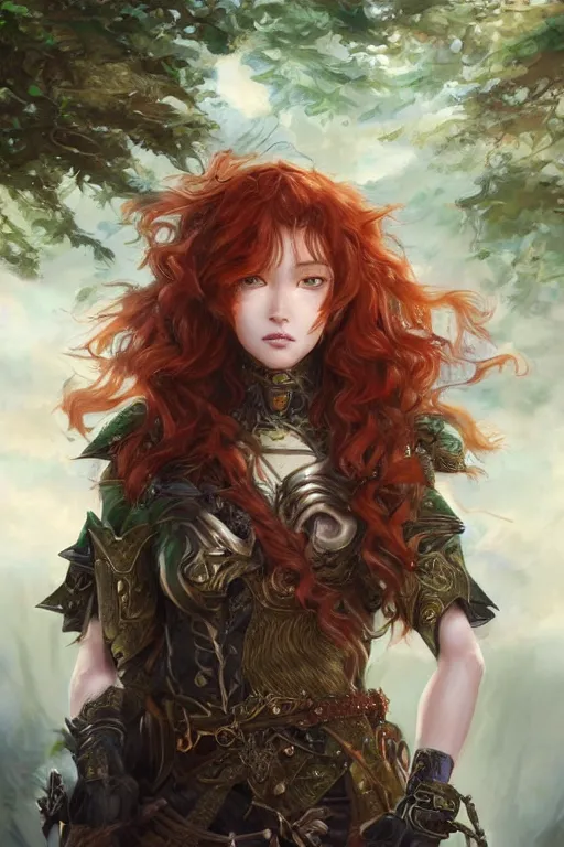 Image similar to A realistic anime portrait of long curly haired redhead female ranger wearing an intricate fantasy ranger outfit, asian facial features, green eyes, digital painting, by Stanley Artgerm Lau, Sakimichan, WLOP and Rossdraws, digtial painting, trending on ArtStation, SFW version