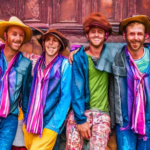 Prompt: Coldplay in Peru wearing panchos and smiling, photorealistic, photography, 14 mp