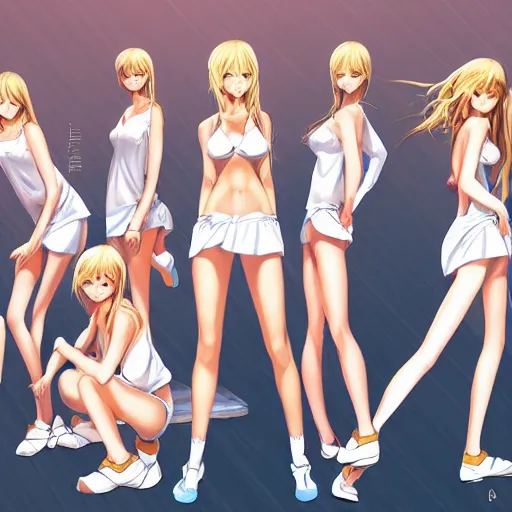 Image similar to group picture : a very tall beautiful young blond basketball anime girl with her tiny team, sky blue eyes, bikini, white miniskirt, highly detailed, cinematic wallpaper by stanley artgerm lau