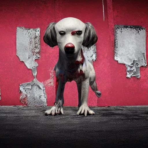 Prompt: dismembered zombie dog, cinematic, ufo in the background, red wall