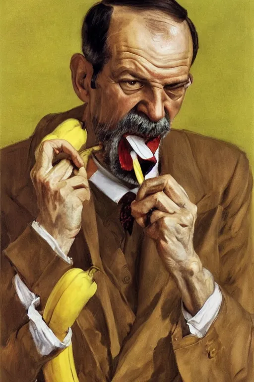 Image similar to portrait of sigmund freud eating one banana, twirling a hula hoop, by frank mccarthy, by lucian freud