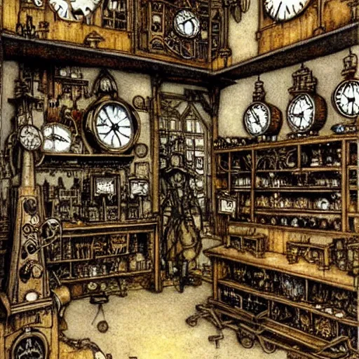 Image similar to interior of a steampunk clock shop, father time, wooden grandfather clocks everywhere, realistic, very intricate masterpiece by arthur rackham