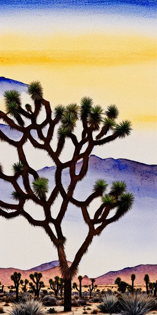 Prompt: hyper detailed Joshua tree desert watercolor painting, boho, mid century, modern, beige and Grey sunset, finely detailed, hd, 8k minimalism, edge to edge, 8k