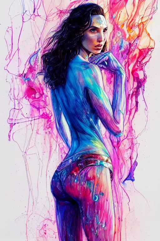 Image similar to gal gadot by agnes cecile enki bilal moebius, intricated details, 3 / 4 back view, full body portrait, extremely luminous bright design, pastel colours, drips, autumn lights