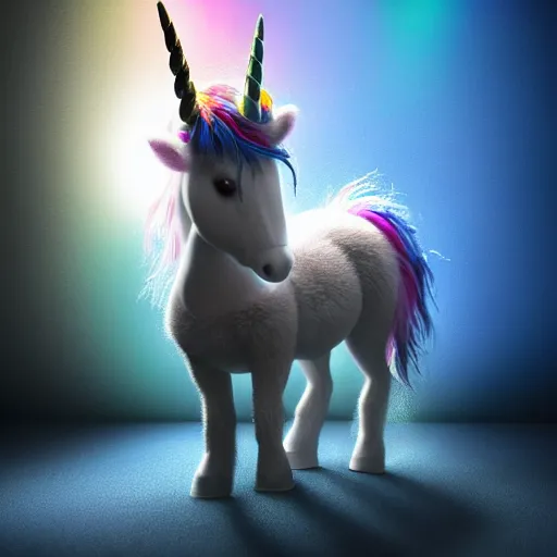 Image similar to full body pose, hyperrealistic photograph of a cute fuzzy rainbow unicorn, dim volumetric lighting, 8 k, octane beautifully detailed render, extremely hyper detailed, intricate, epic composition, cinematic lighting, masterpiece, trending on artstation, very very detailed, stunning, hdr, smooth, sharp focus, high resolution, award, winning photo, dslr, 5 0 mm