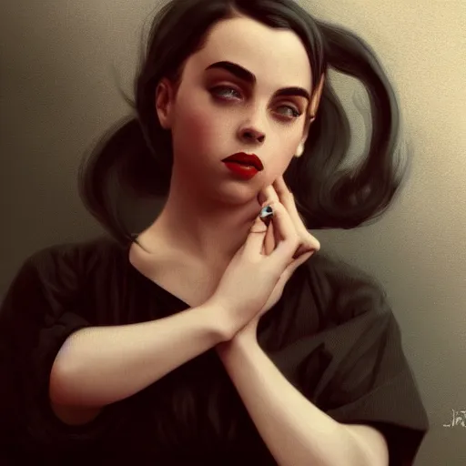 Image similar to billie eilish, 50s, pinup, intricate, highly detailed, artstation, illustration, jurgens, rutkowski, bouguereau