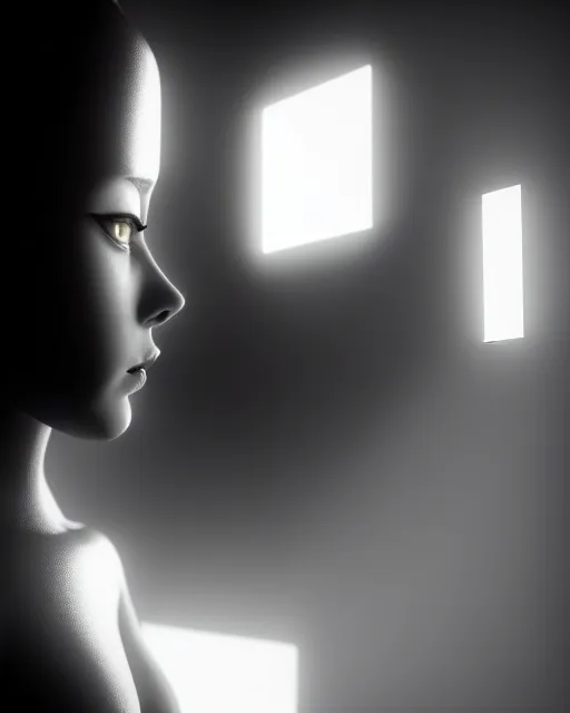 Prompt: black and white high quality photo of a female AI-queen-cyborg-doll looking into a sci-fi mirror, volumetric lighting, foggy, dreamy, hyperdetailed, photorealistic, cinematic, masterpiece, elegant, dark, in the style of Man Ray, octane render, 8K,