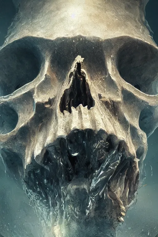 Image similar to atlantis skull, close - up portrait, powerfull, intricate, elegant, volumetric lighting, scenery, digital painting, highly detailed, artstation, sharp focus, illustration, concept art, ruan jia, steve mccurry