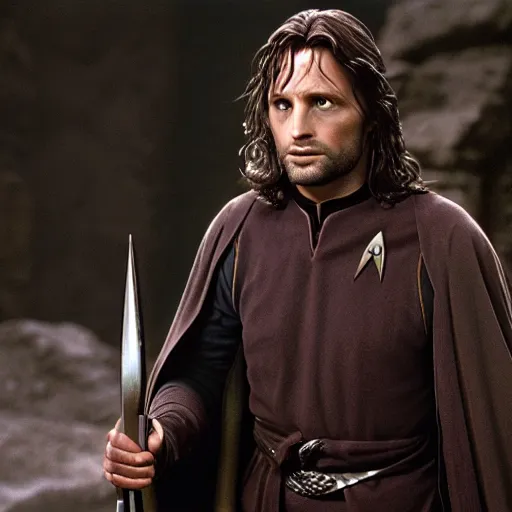 Image similar to A still of Aragorn as Captain Kirk on Star Trek