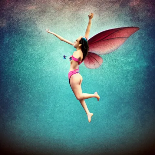 Image similar to flying fairy with wings timidly tipping toe into the center of a lake