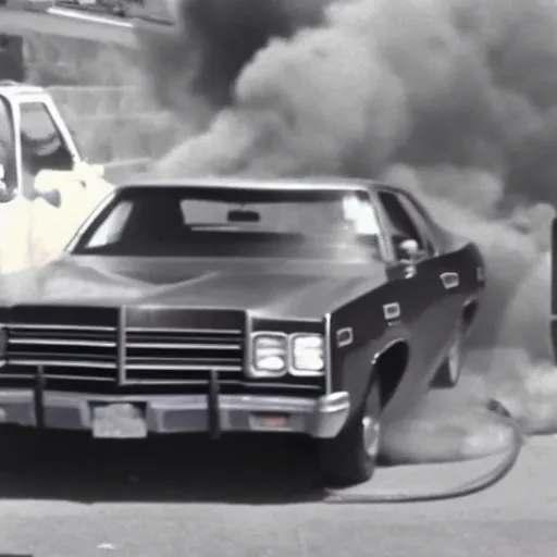 Image similar to a super 8 footage still as a 1 9 7 4 dodge monaco is on fire, people are protesting behind the car and police are chasing after civilians, kodak tri - x film