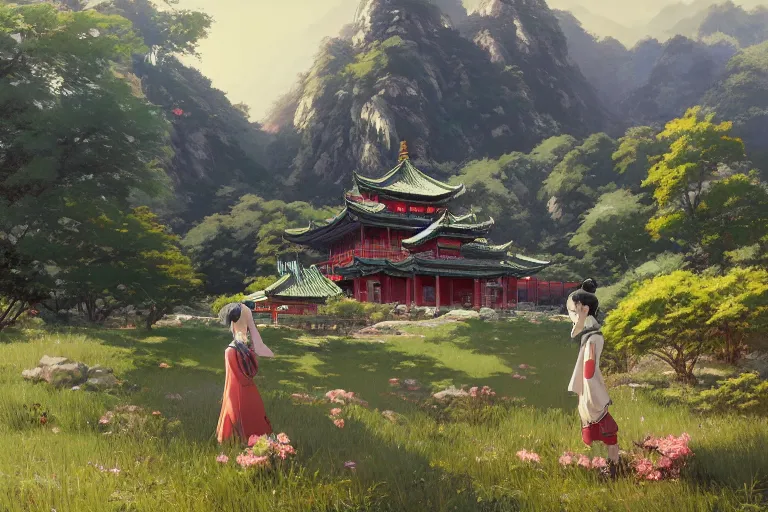 Prompt: in the green fields and mountains, chinese temple, | fine detail anime, cel shaded by ilya kuvshinov, katsuhiro otomo, magali, artgerm, jeremy lipkin and michael garmash and rob rey