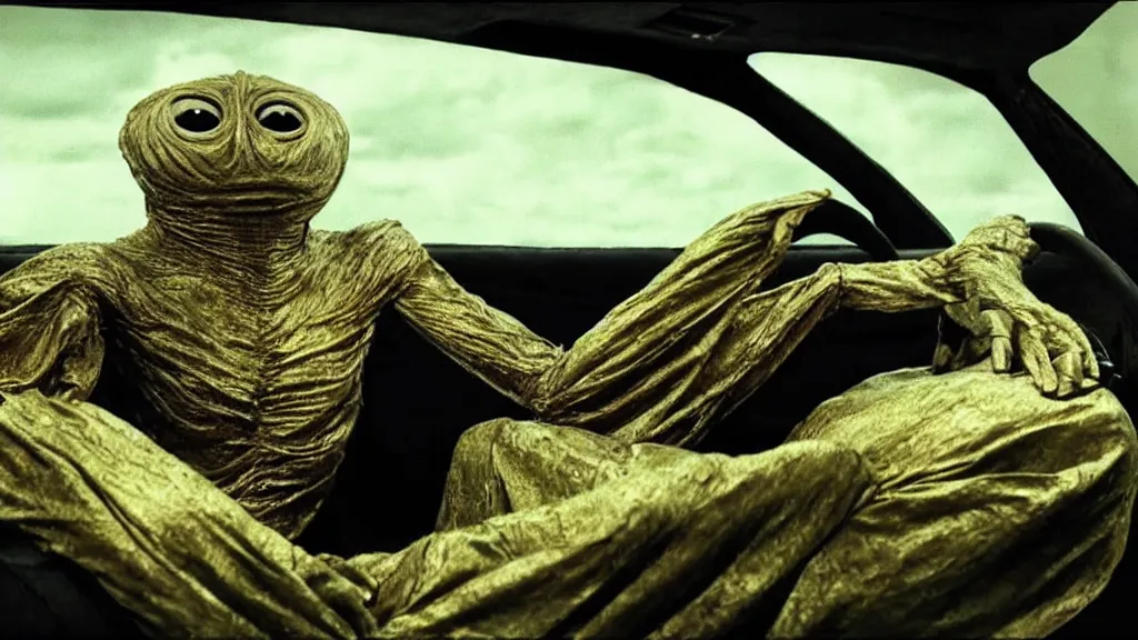 Prompt: the creature sits in a car, made of wax and metal, film still from the movie directed by Denis Villeneuve with art direction by Salvador Dalí, wide lens