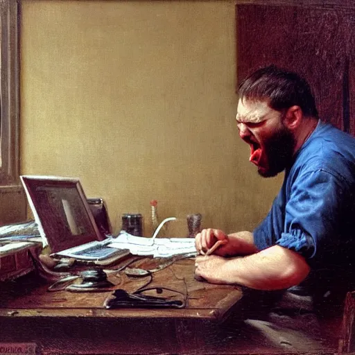 Image similar to an angry man yells at his computer monitor, oil on canvas, 1 8 8 3, highly detailed, high resolution