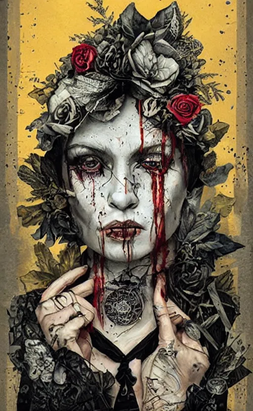 Image similar to a horror tarot card design with intricate details :: Sandra Chevrier and bastien lecouffe deharme