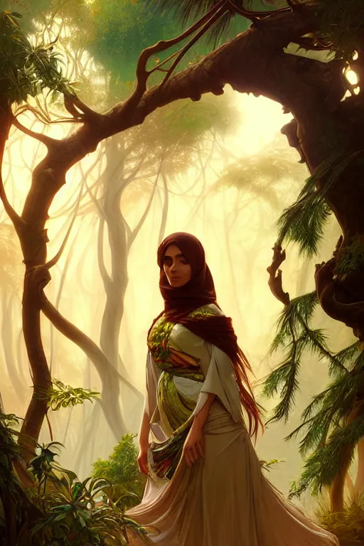 Image similar to beautiful digital painting of a stylish arabian female forest with high detail, 8 k, stunning detail, works by artgerm, greg rutkowski and alphonse mucha, unreal engine 5, 4 k uhd