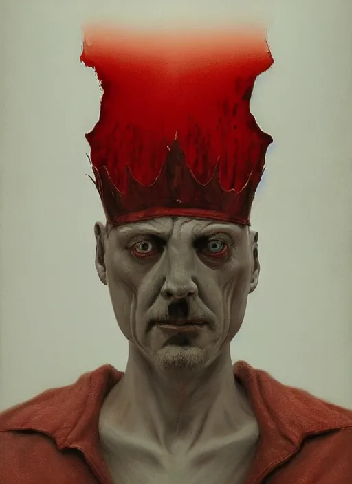 Prompt: lord loss, demon master, king of hell & sorrow, book portrait, pale red, lumpy skin, he has very dark - round red sad eyes with even darker red pupils. tiny cracks in skin seep, symmetric lights and fog, in the style of zdzislaw beksinski, glowing light and shadow, hyperrealist, 8 k