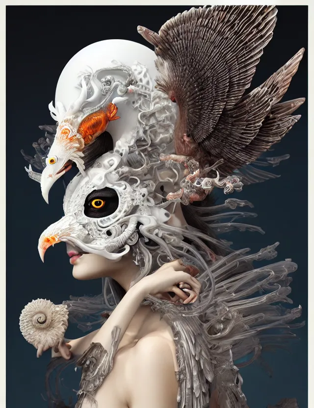 Image similar to 3 d goddess of death close - up profile portrait with ram skull. beautiful intricately detailed japanese crow kitsune mask and clasical japanese kimono. betta fish, jellyfish phoenix, bio luminescent, plasma, ice, water, wind, creature, artwork by tooth wu and wlop and beeple and greg rutkowski