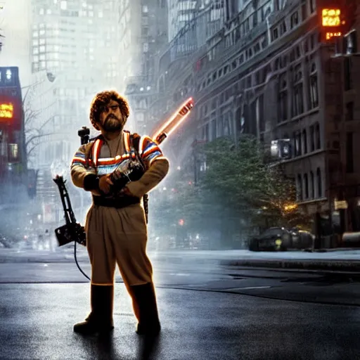 Image similar to stunning awe inspiring peter dinklage as a ghostbuster in the movie ghostbusters, movie still 8 k hdr atmospheric lighting