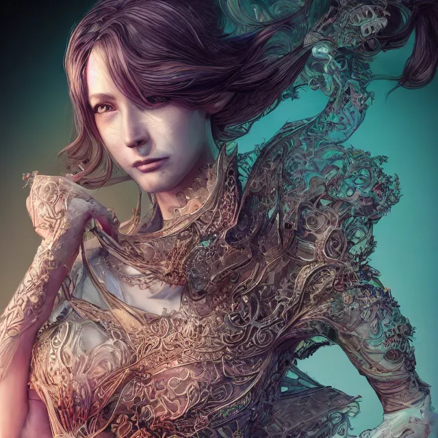 Image similar to the portrait of the lawful evil alignment personified as an absurdly beautiful, graceful, elegant, sophisticated, young woman, an ultrafine hyperdetailed illustration by kim jung gi, irakli nadar, intricate linework, bright colors, octopath traveler, final fantasy, unreal engine 5 highly rendered, global illumination, radiant light, detailed and intricate environment