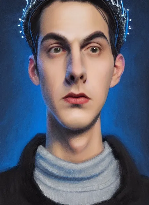 Image similar to portrait of teenage jughead jones wearing a light grey crown, crown, blue turtleneck, 1 9 5 0 s, closed eyes, photorealistic, black hair, glowing lighting, intricate, elegant, glowing lights, highly detailed, digital painting, artstation, concept art, smooth, sharp focus, illustration, art by wlop, mars ravelo and greg rutkowski