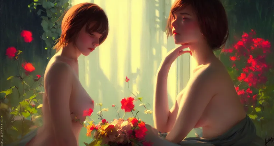 Prompt: a girl with с - cups with flowers instead of clothes, night setting. realistic shaded lighting poster by ilya kuvshinov katsuhiro, magali villeneuve, artgerm, jeremy lipkin and michael garmash, rob rey and kentaro miura style, trending on art station pinhole photography