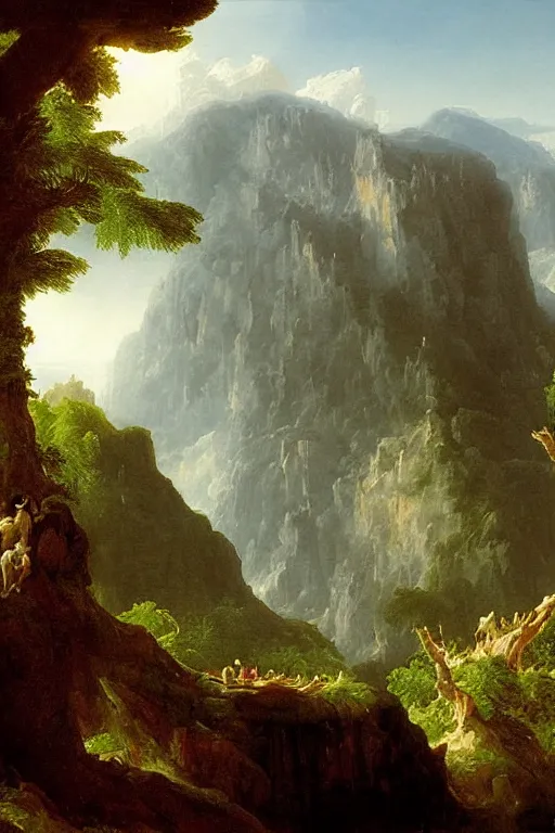 Image similar to a thomas cole naturalist style painting of michael jackson atop mount olympus with enormous columns on either side