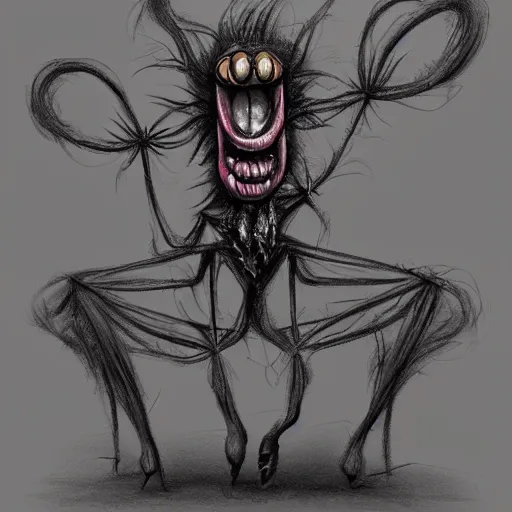 Image similar to surrealism grunge cartoon sketch of a human spider hybrid with a wide smile by - michael karcz, loony toons style, horror theme, detailed, elegant, intricate