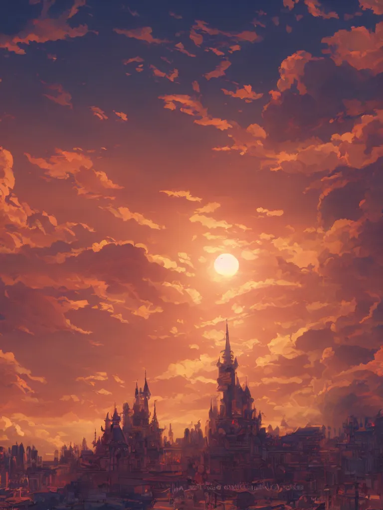 Image similar to photo cartoon illustration comics manga painting of artstation, the capital of a prosperous empire, red sunset and lots of clouds, fairy tales, bright colors and high picture, quality, by makoto shinkai, by daniel oxford, hdr, digital painting, octane render, 8 k, volumetric lighting, contrast