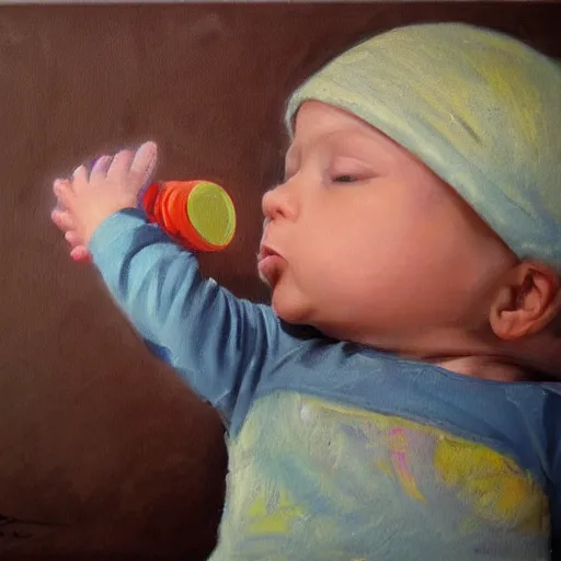Prompt: baby named julia saying da da, painting, realism