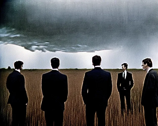 Prompt: 8 mm film, blurry, grainy, liminal, unsettling, group of tall men in suits in a field, thunderstorm, dark night