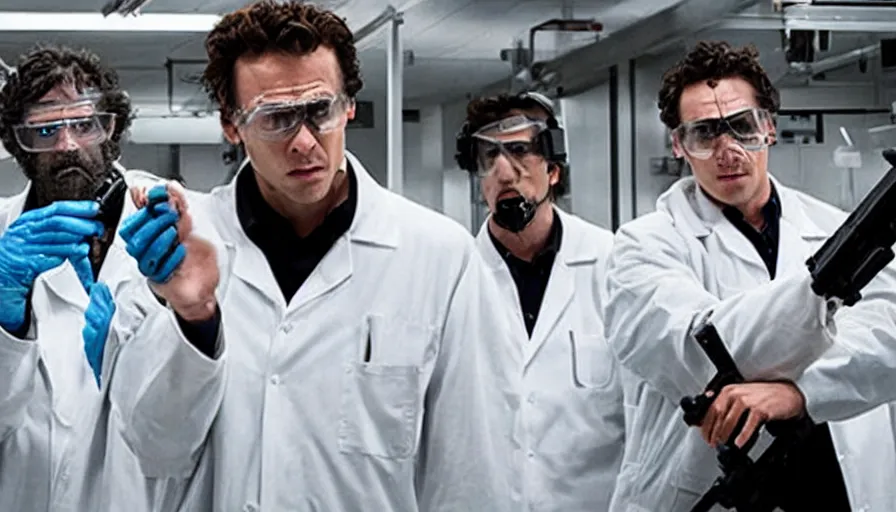 Image similar to big budget action movie about a scientist who takes a science lab hostage