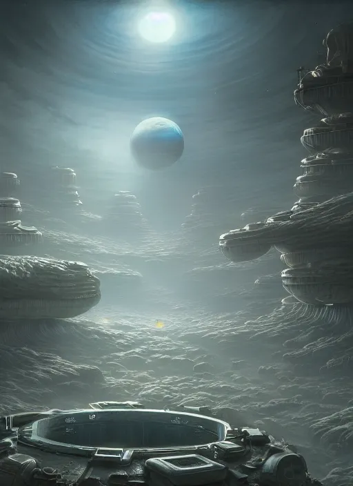 Prompt: highly detailed wide - angle of an extraterrestrial moonbase, unreal engine, nicoletta ceccoli, mark ryden, earl norem, lostfish, global illumination, detailed and intricate environment