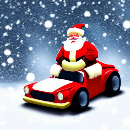 Prompt: Santa Clause driving a rally car he is going fast there is smoke coming from the tires there is snow on the track you can clearly see Santa Clause driving he is fat and jolly, realistic lighting, realistic shadows, highly reflective, photo realistic, hyper realistic, glossy finish, a sense of speed
