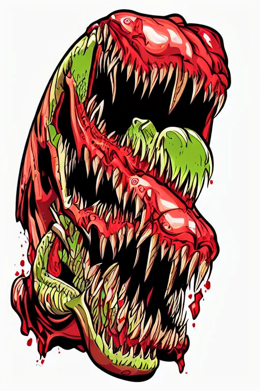 Image similar to Evil t-rex, the devil, sticker, blood thirsty, spawn of Satan, burning in hell, blood, evil, colorful, illustration, highly detailed, simple, smooth and clean vector curves, no jagged lines, vector art, smooth