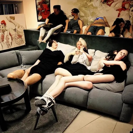 Prompt: a huge smoky room filled with females lounging on couches, artist kim jung gi,