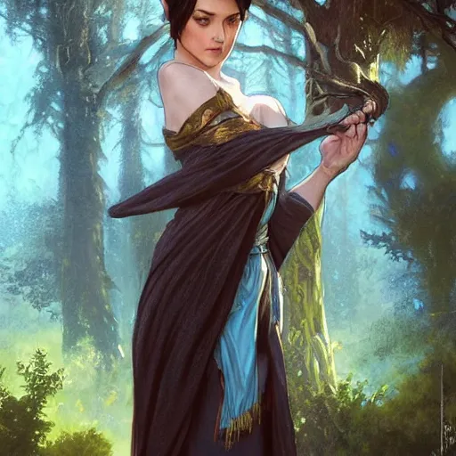 Image similar to d & d portrait of an elf resting on a tree, short black hair, regal sky blue robes, sharp focus, intricate, smooth, ultra realistic digital art, high fantasy, pointed ears, elegant, by artgerm, greg rutkowski, alphonse mucha