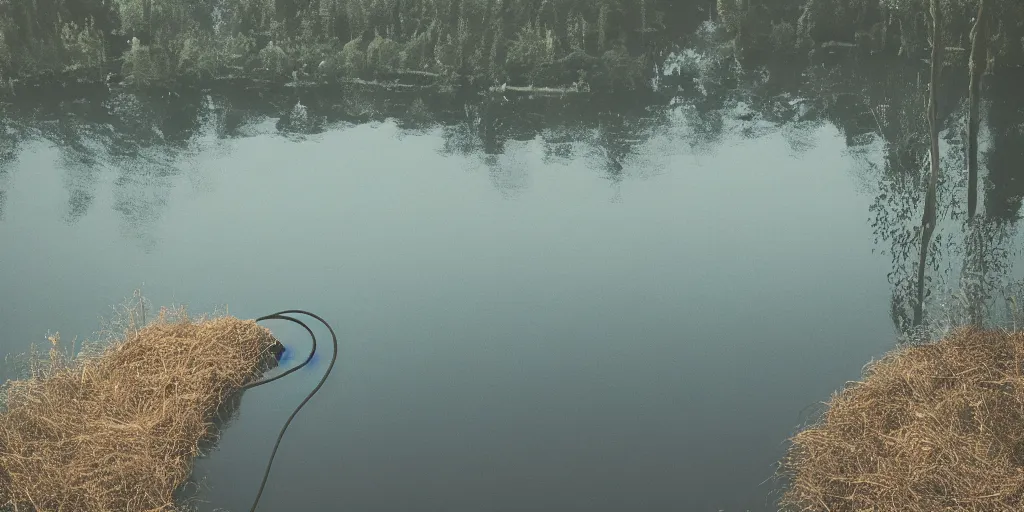 Prompt: centered photograph of a long rope snaking across the surface of the water, thick rope stretching out towards the center of the lake, a dark lake on a cloudy day, color film, trees in the background, hyper - detailed photo, anamorphic lens