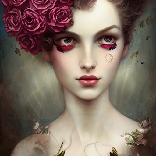 Prompt: tom bagshaw, soft painting of a curiosities carnival, beautiful young aristocrat blessing flowers in full dress, perfectly detailed, symmetrical intricate sensual features, highly detailed, artstation, sharp focus