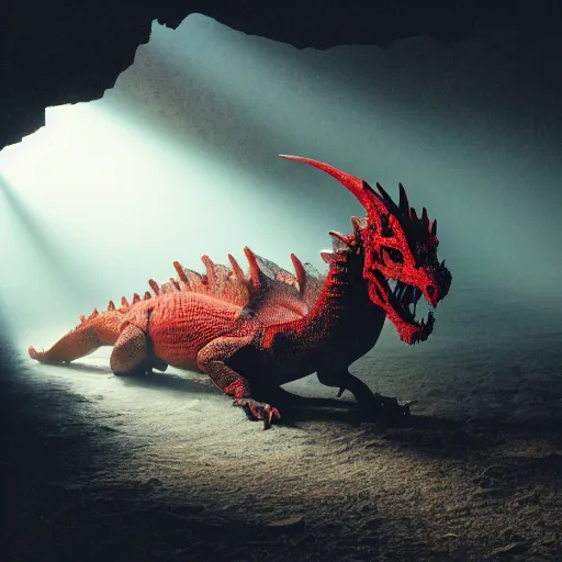 Prompt: photo of a large red scaly dragon sleeping on a mountain of human bones in a dark dusty cave with a ray of light shining on it\'s face. Very detailed 8k. fantasy