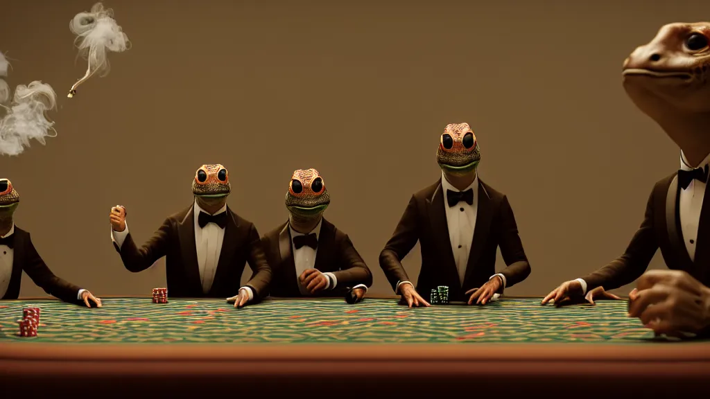 Prompt: hyperrealism simulation highly detailed human turtles'wearing detailed tuxedos and smoking, playing poker in surreal scene from art house movie from future by wes anderson and denis villeneuve and mike winkelmann rendered in blender and octane render