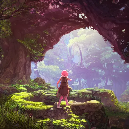 Image similar to mythical glowing ruins, beautiful ancient trees, hiding large treasure chest, serene evening atmosphere, soft lens, soft light, cel - shading, animation, in the style of cgsociety, deviantart, artstation, zbrush, cinema 4 d, studio ghibli, akihiko yoshida, atelier lulua, masamune shirow