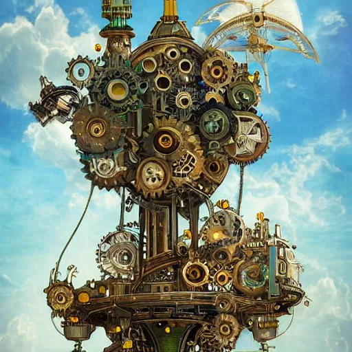 Image similar to flying city in a mechanical flower, detailed, sky, fantasy art, steampunk, masterpiece